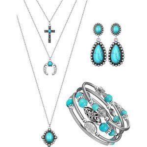 Turquoise Boho Jewelry Set Women Choker Necklace Layered Bracelet Dangle Earring